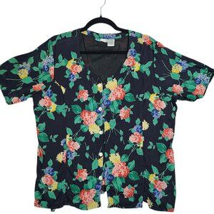 Vintage Floral Blouse XL Women’s Midnight Blue Button Up Short Sleeve V Neck Top